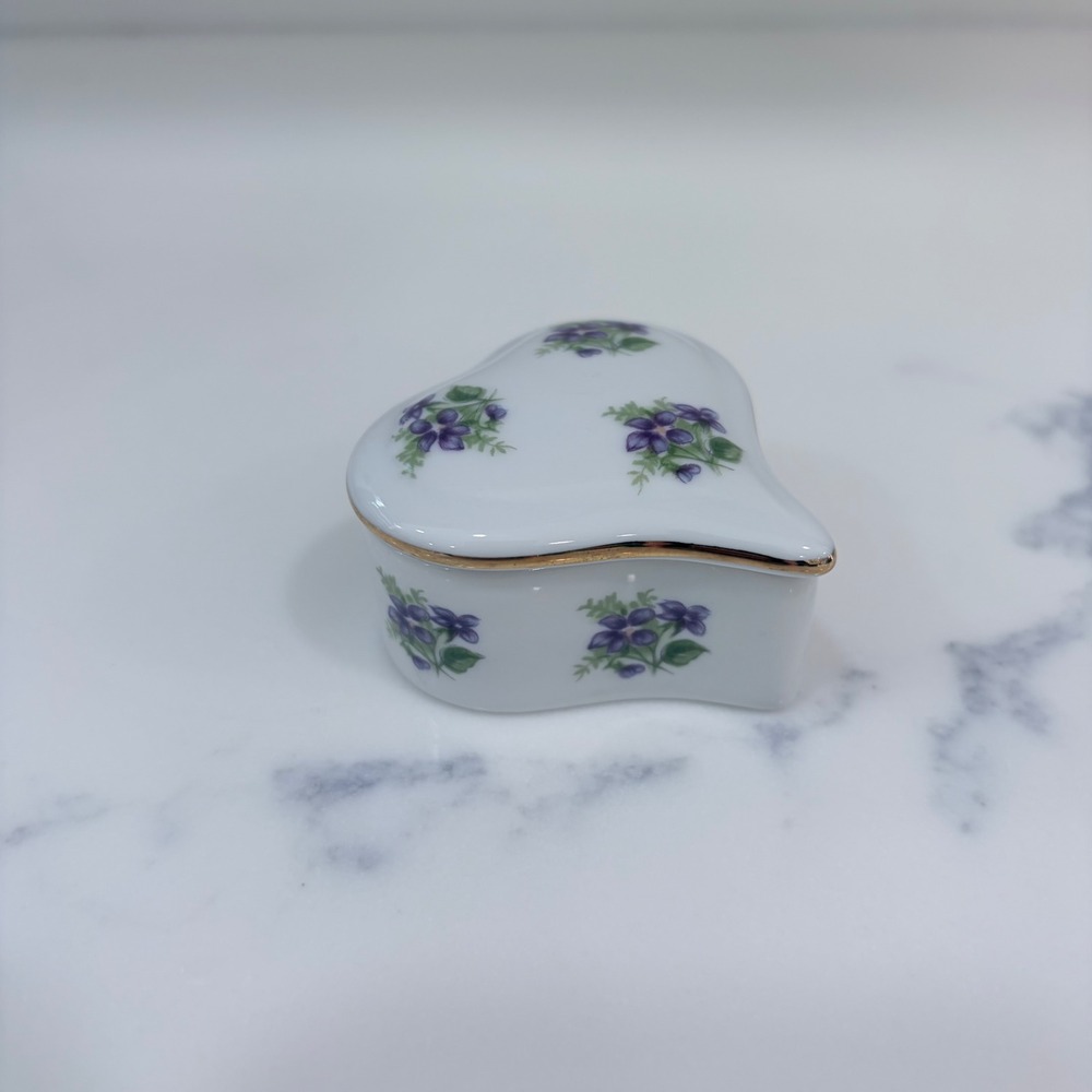 Vintage Lefton China Heart Trinket Box Purple Violets Hand Painted Japan 1945‎